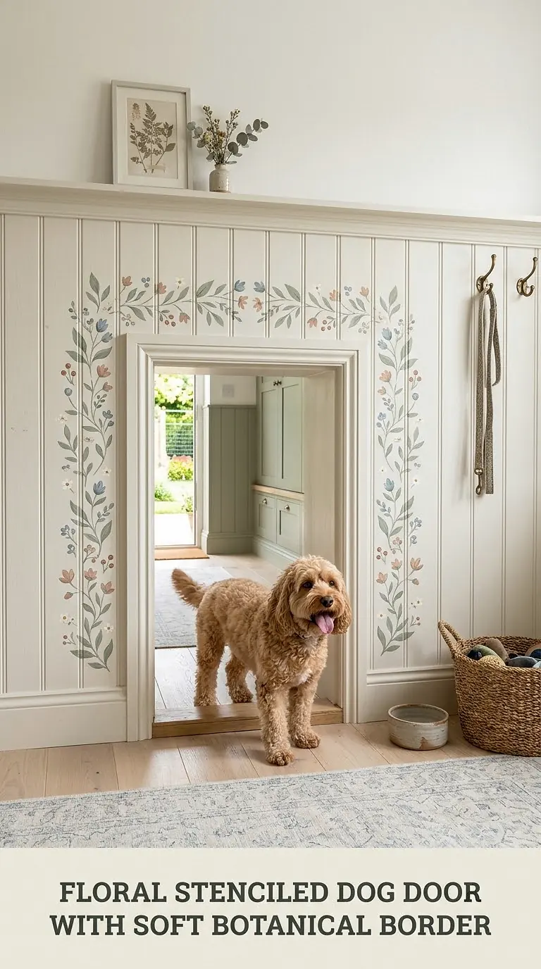 Floral Stenciled Dog Door With Soft Botanical Border