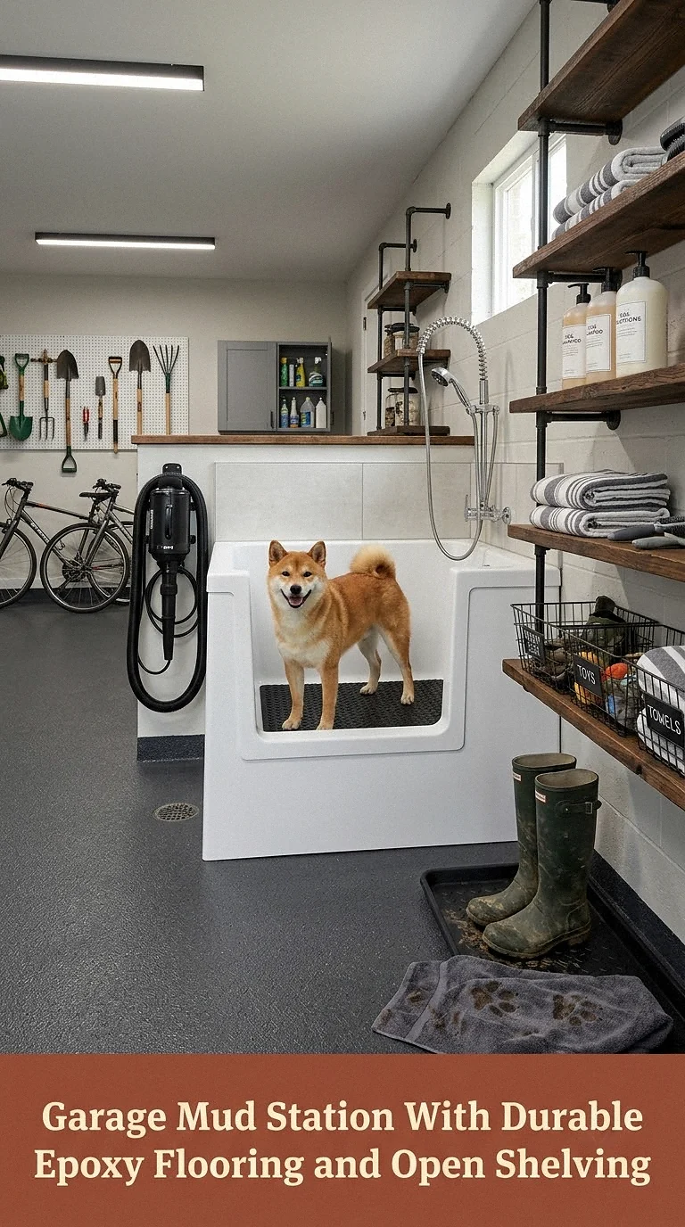 Garage Mud Station With Durable Epoxy Flooring and Open Shelving