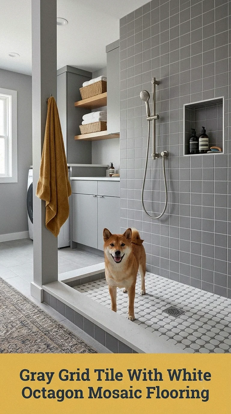 Gray Grid Tile With White Octagon Mosaic Flooring
