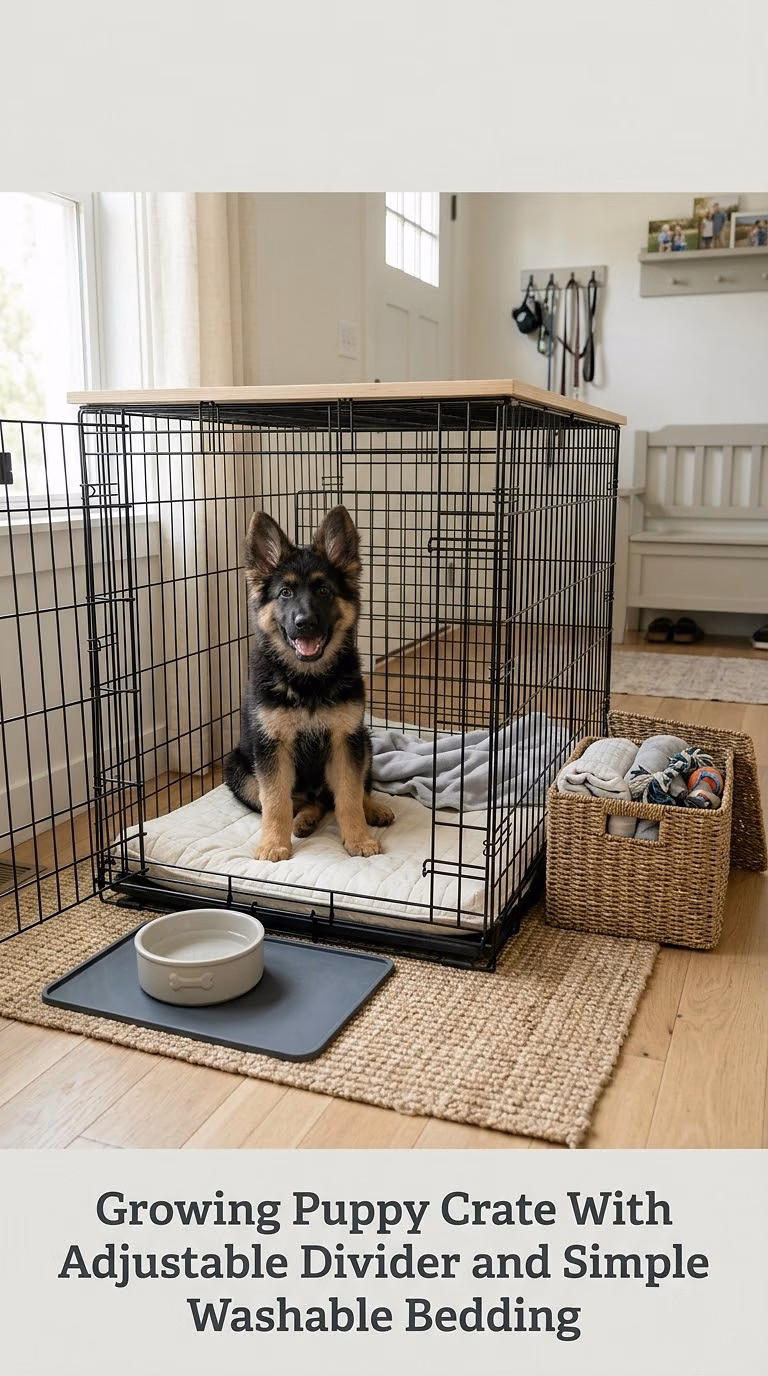 Growing Puppy Crate With Adjustable Divider and Simple Washable Bedding