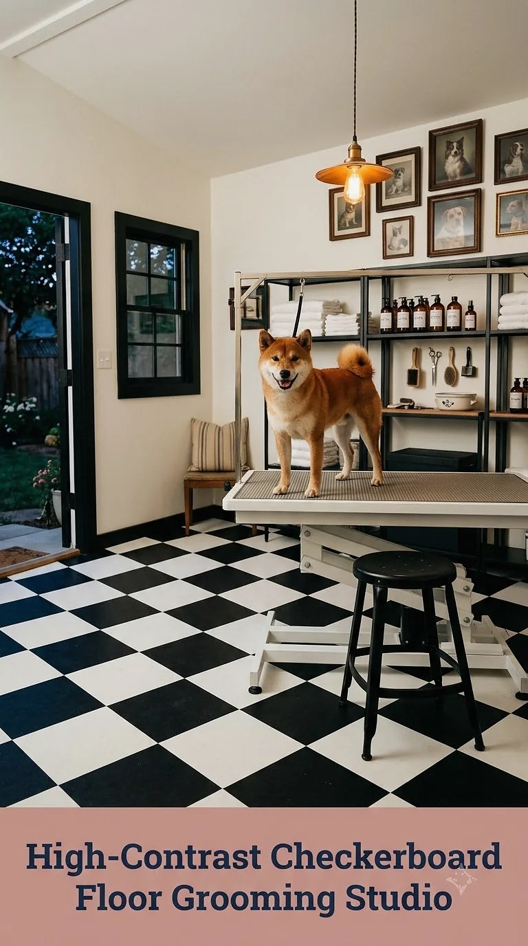 High-Contrast Checkerboard Floor Grooming Studio