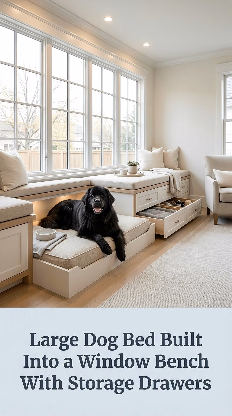 Large Dog Bed Built Into a Window Bench With Storage Drawers