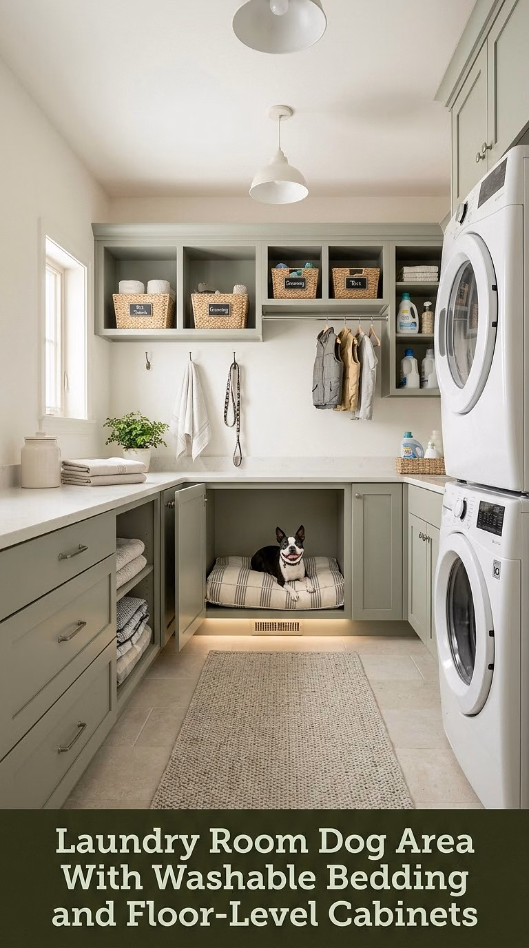 8. Laundry Room Dog Area With Washable Bedding and Floor-Level Cabinets