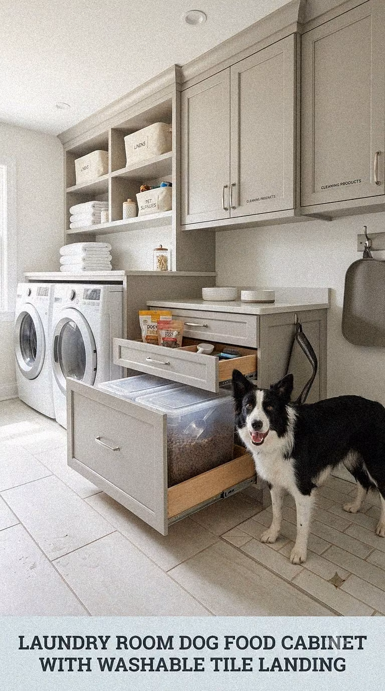 Laundry Room Dog Food Cabinet With Washable Tile Landing