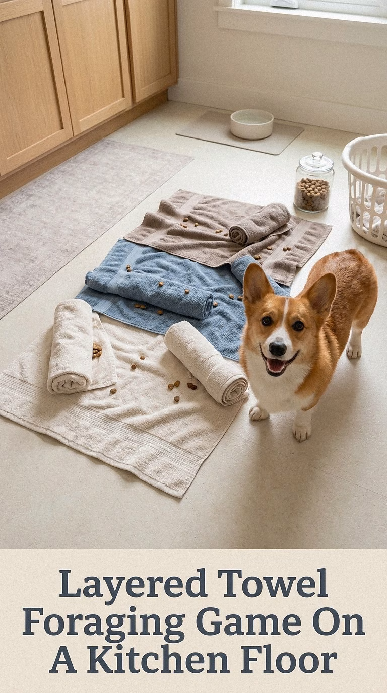 Layered Towel Foraging Game On A Kitchen Floor