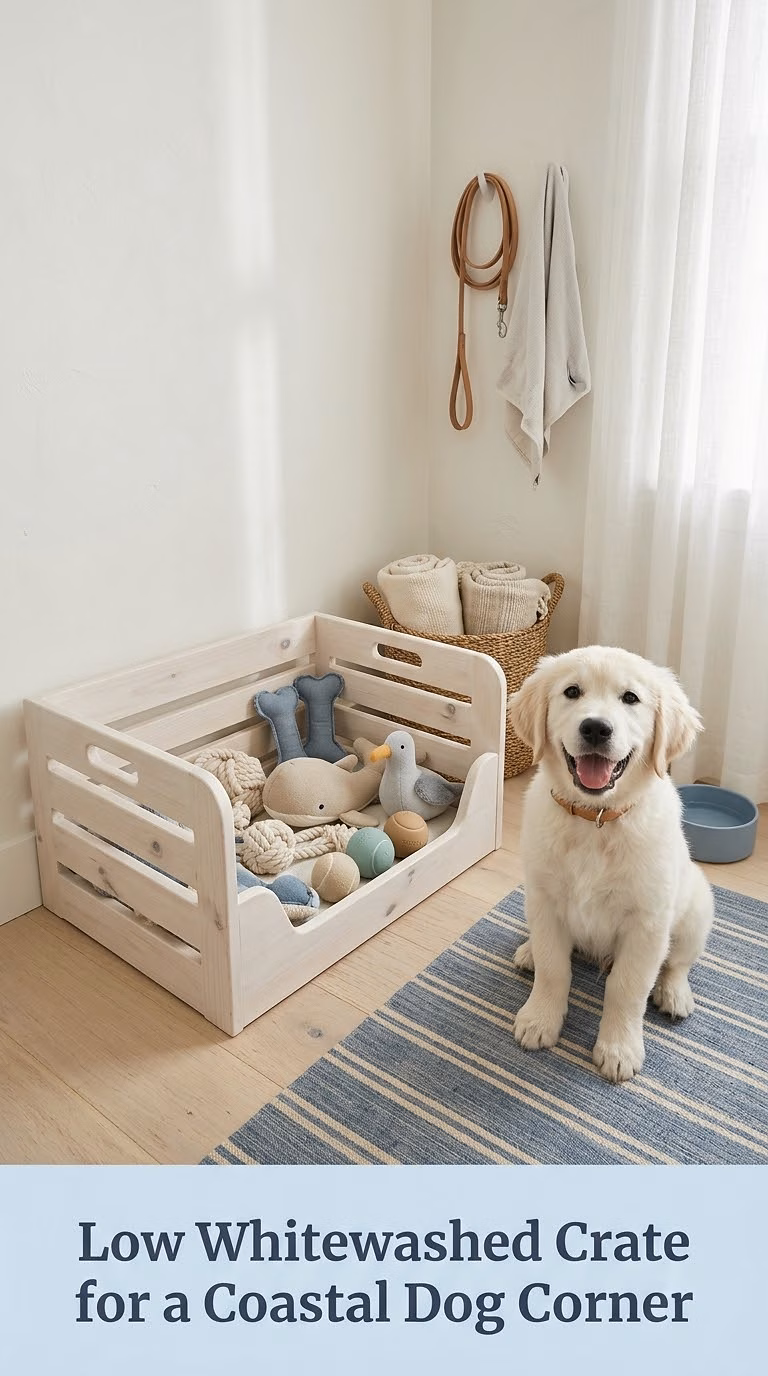Low Whitewashed Crate for a Coastal Dog Corner