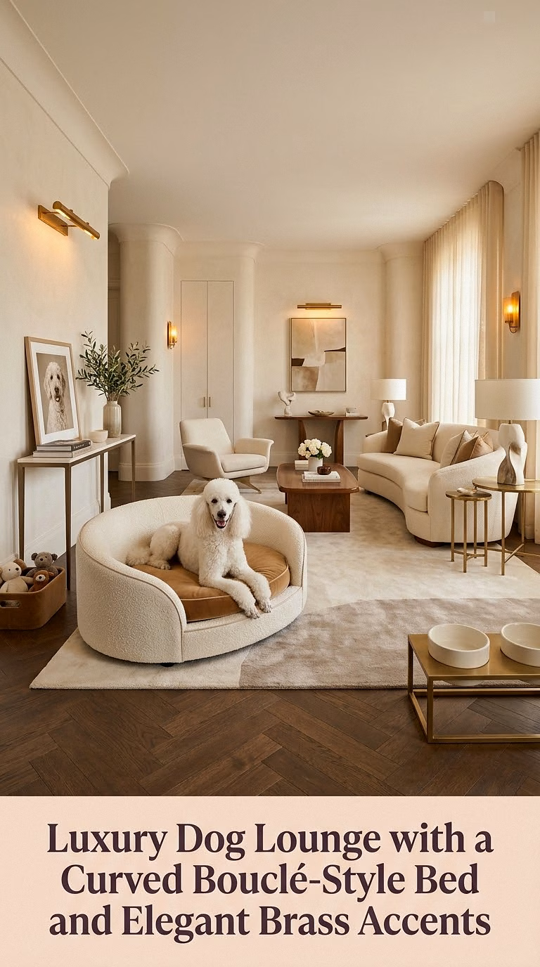 8. Luxury Dog Lounge with a Curved Bouclé-Style Bed and Elegant Brass Accents