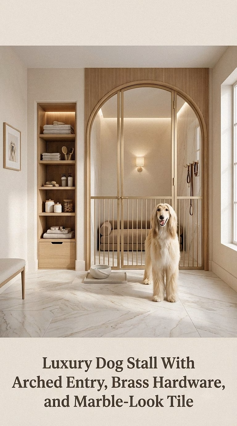 Luxury Dog Stall With Arched Entry, Brass Hardware, and Marble-Look Tile