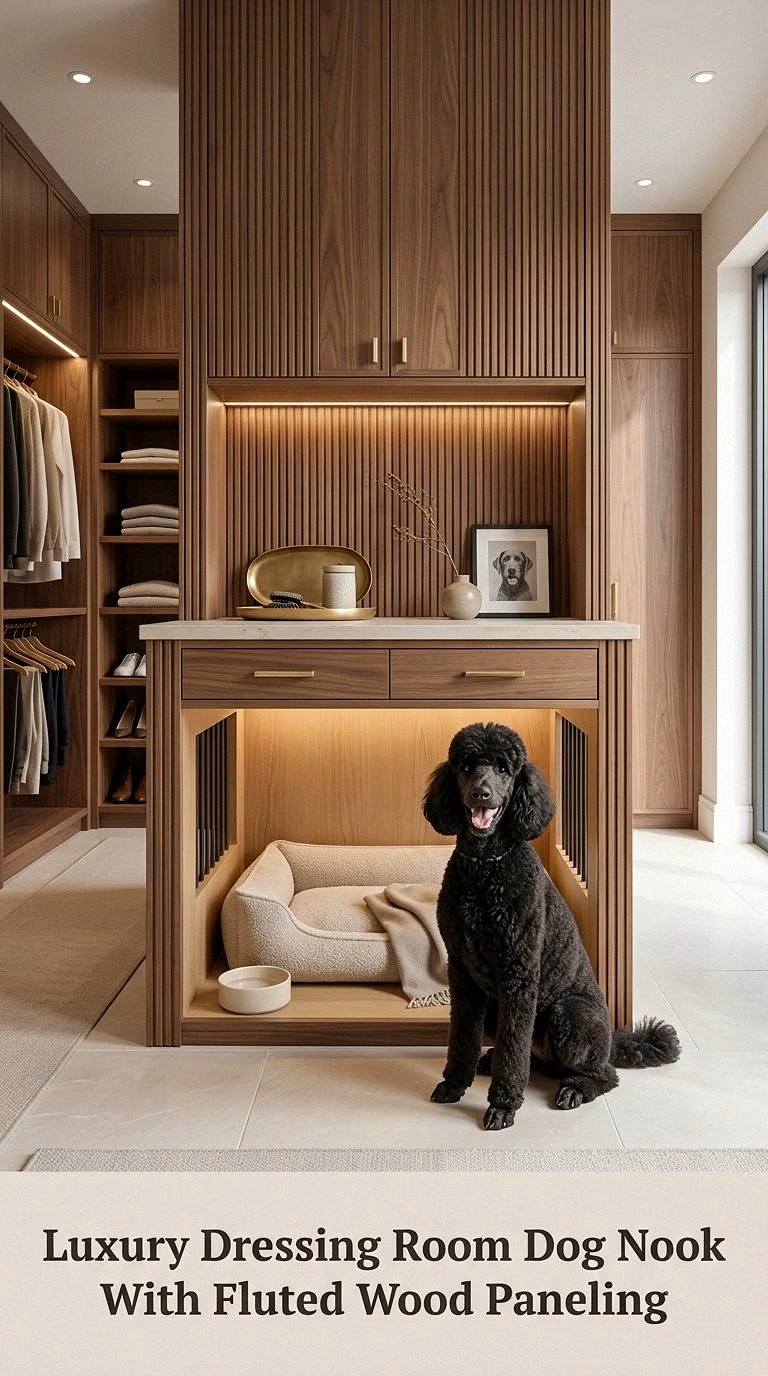 Luxury Dressing Room Dog Nook With Fluted Wood Paneling