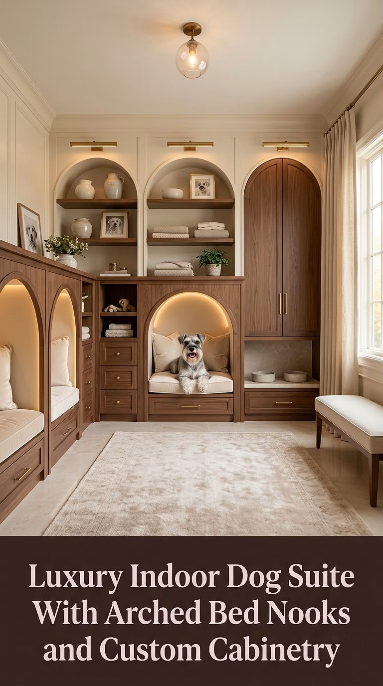 8. Luxury Indoor Dog Suite With Arched Bed Nooks and Custom Cabinetry