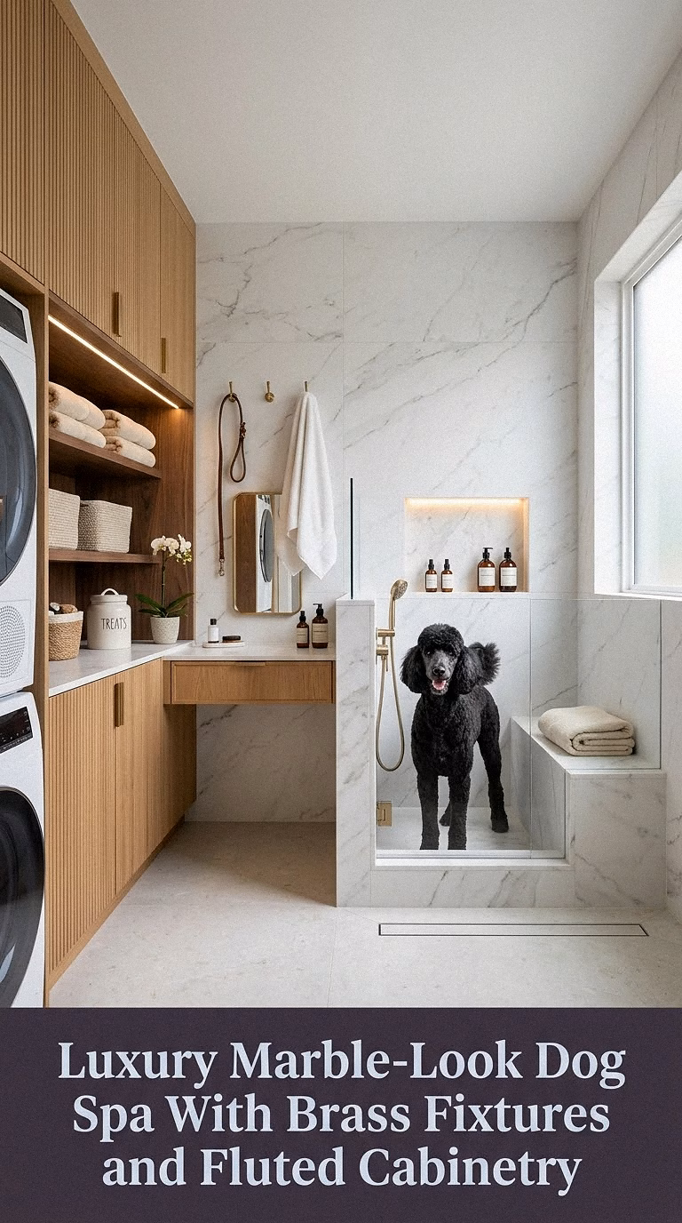 8. Luxury Marble-Look Dog Spa With Brass Fixtures and Fluted Cabinetry