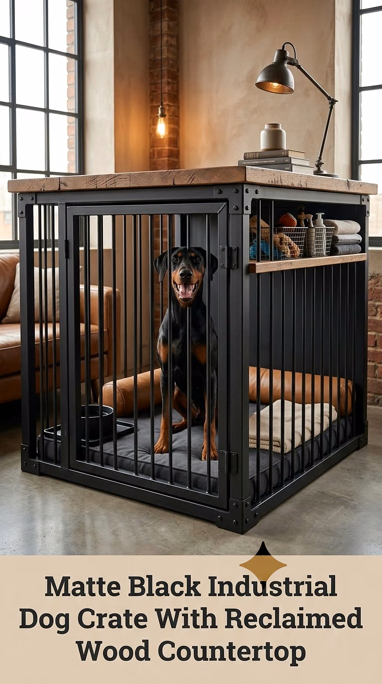 Matte Black Industrial Dog Crate With Reclaimed Wood Countertop
