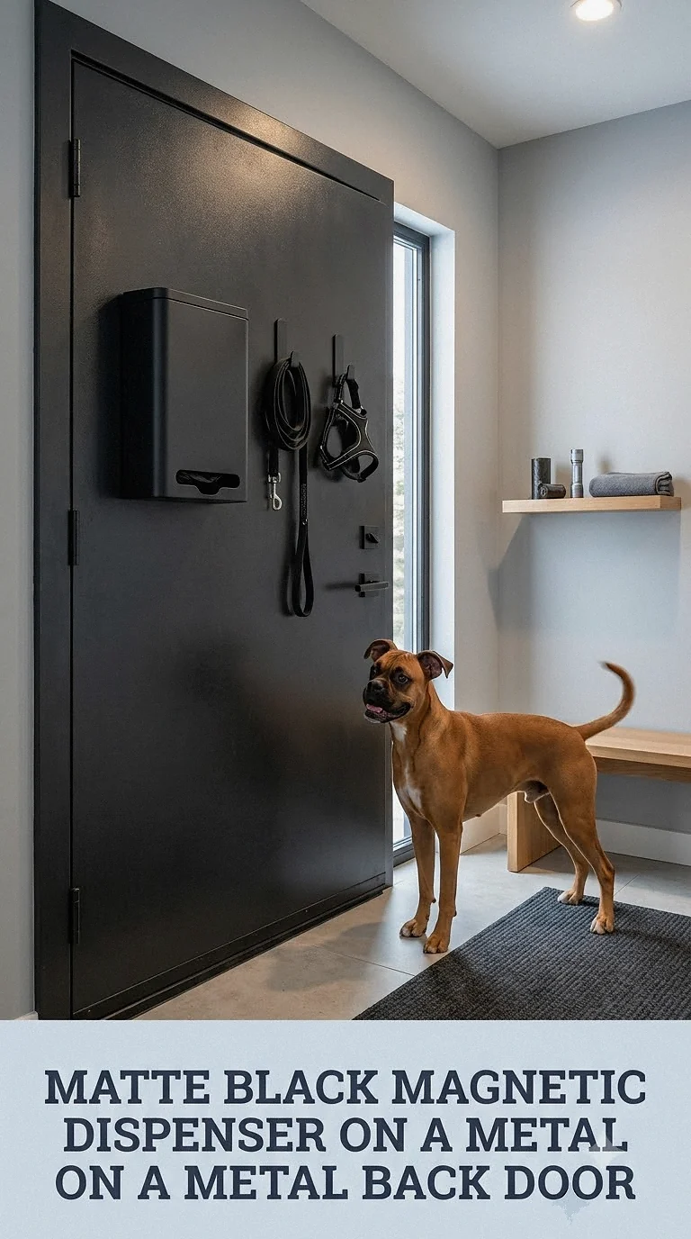 Matte Black Magnetic Dispenser On A Metal Back Door