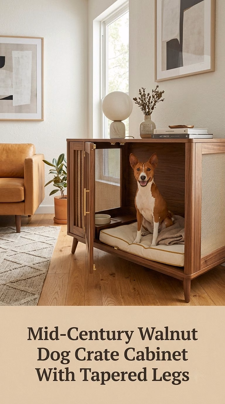 Mid-Century Walnut Dog Crate Cabinet With Tapered Legs