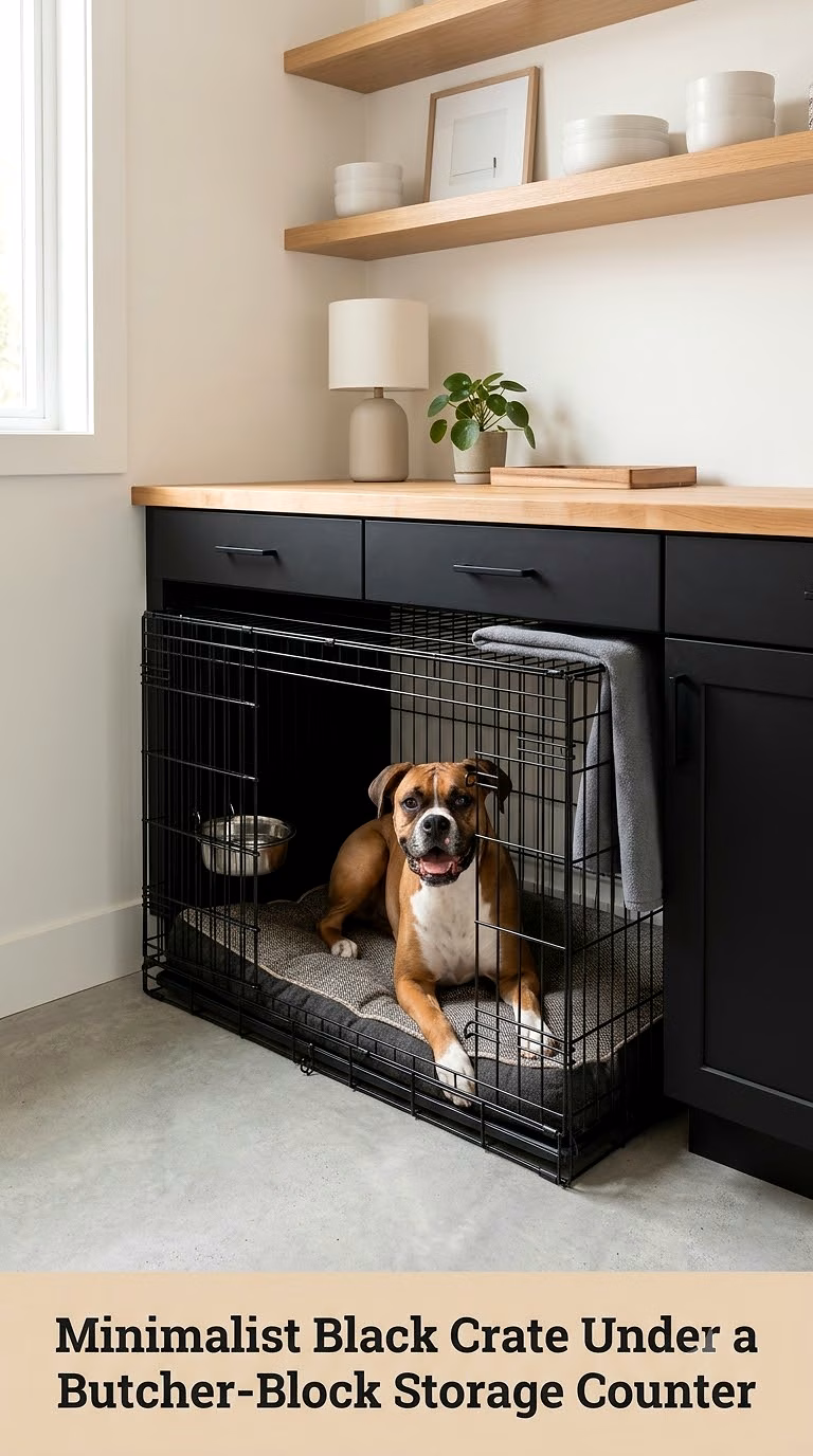 Minimalist Black Crate Under a Butcher-Block Storage Counter