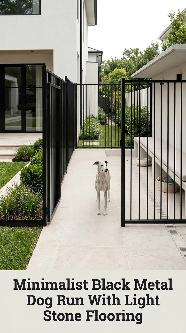 Minimalist Black Metal Dog Run With Light Stone Flooring