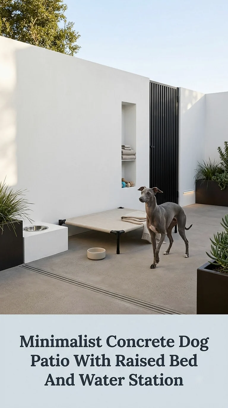 Minimalist Concrete Dog Patio With Raised Bed And Water Station