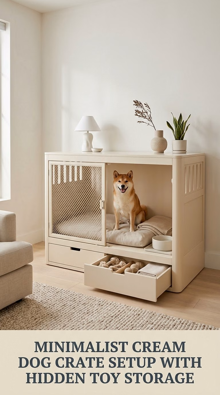 Minimalist Cream Dog Crate Setup With Hidden Toy Storage