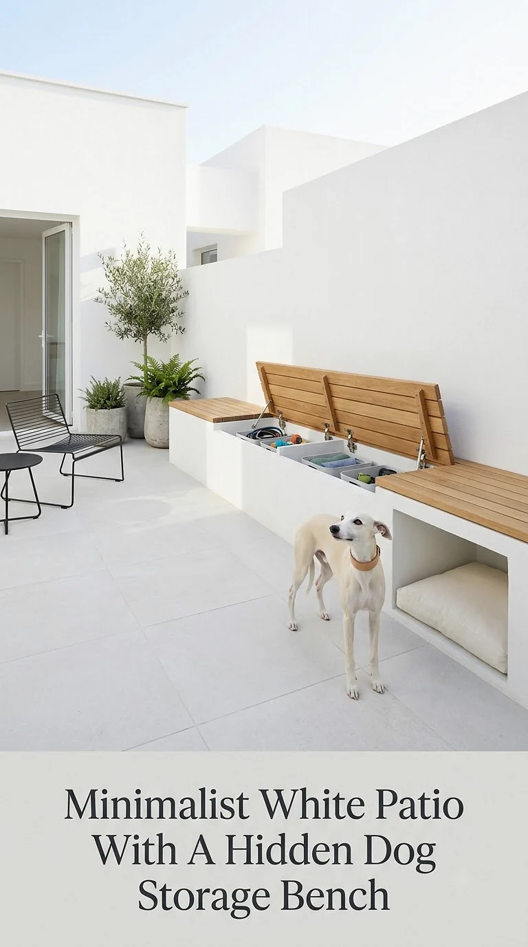 Minimalist White Patio With A Hidden Dog Storage Bench