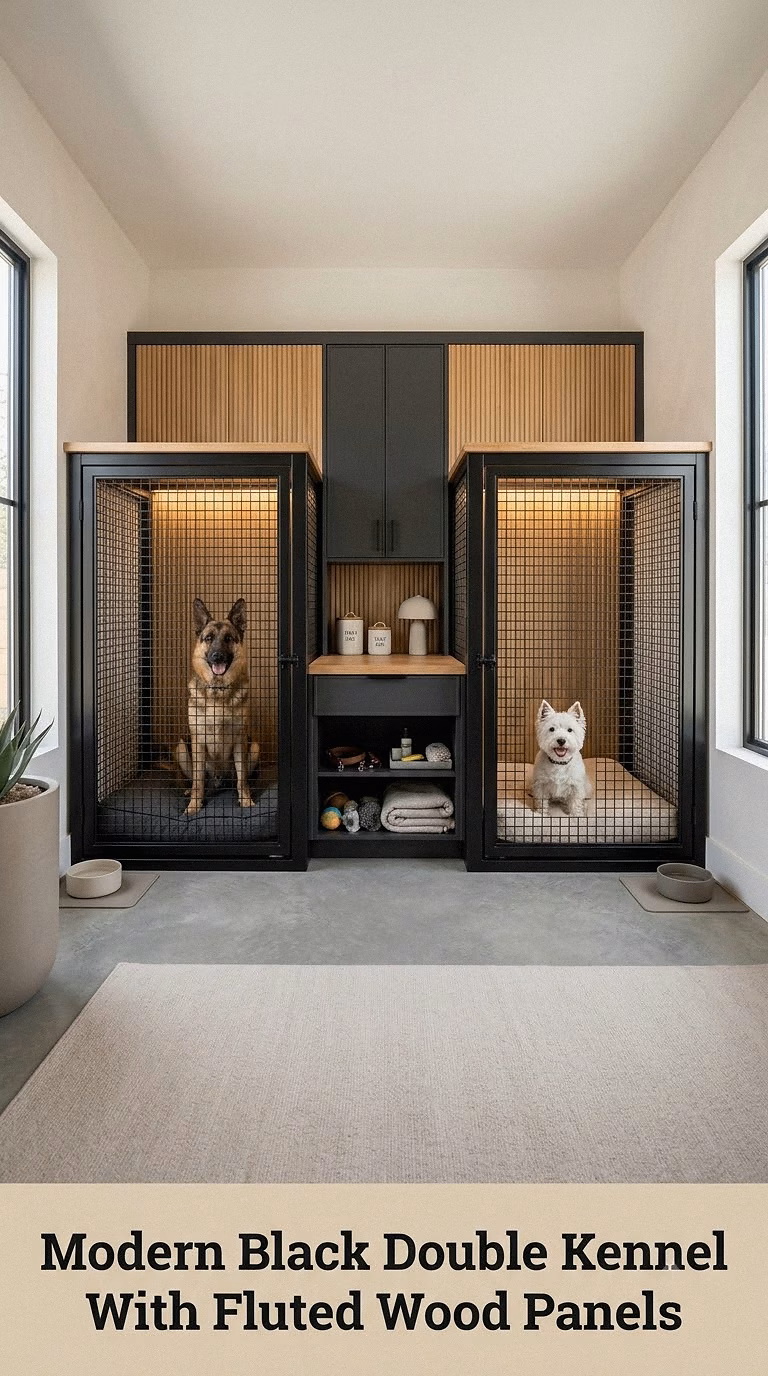 Modern Black Double Kennel With Fluted Wood Panels