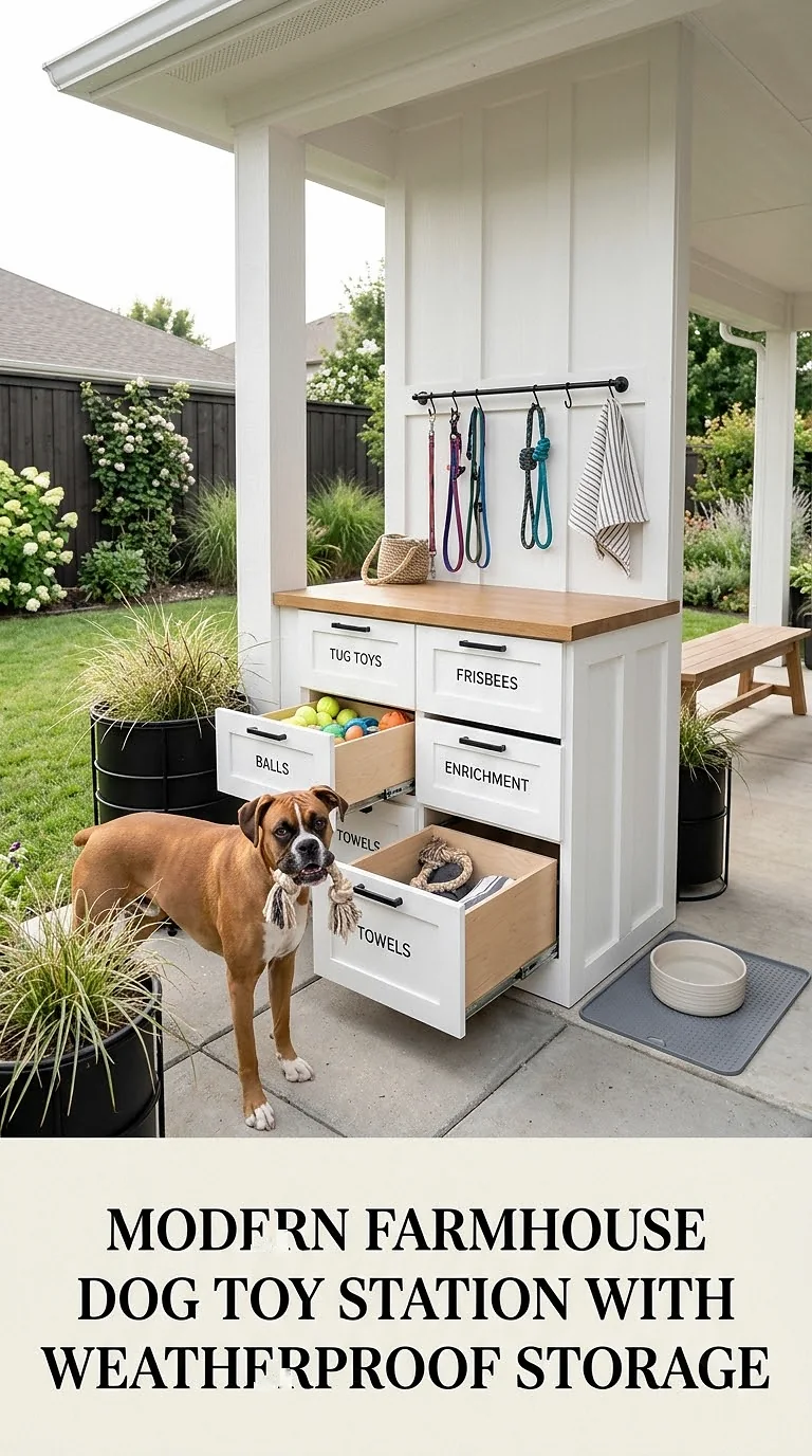 Modern Farmhouse Dog Toy Station With Weatherproof Storage