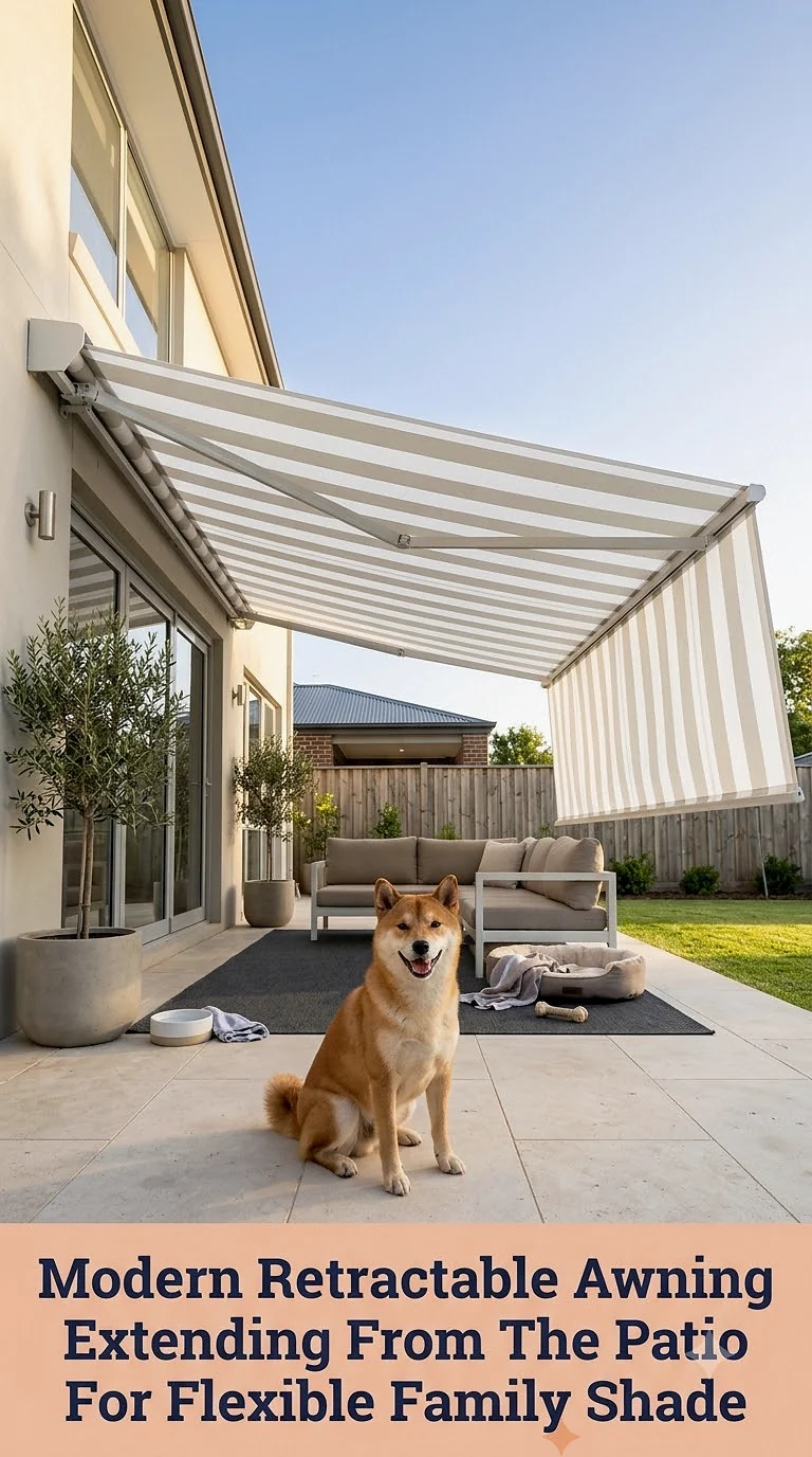 Modern Retractable Awning Extending From The Patio For Flexible Family Shade