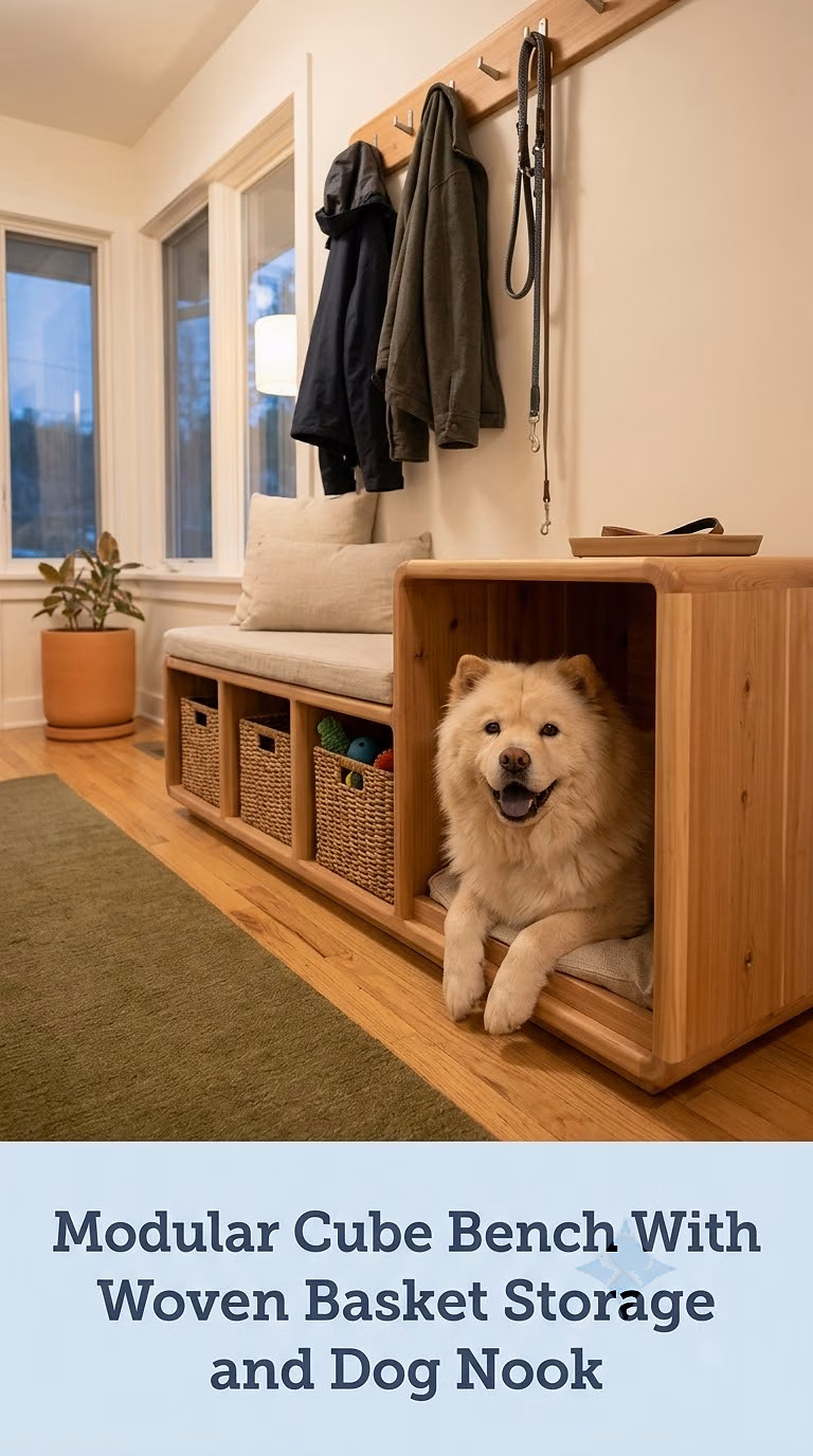 Modular Cube Bench With Woven Basket Storage and Dog Nook