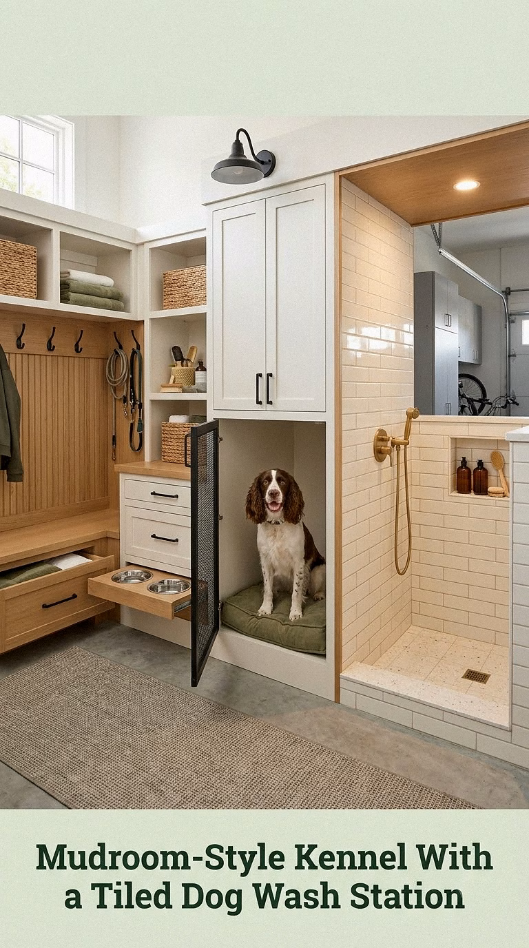 Mudroom-Style Kennel With a Tiled Dog Wash Station