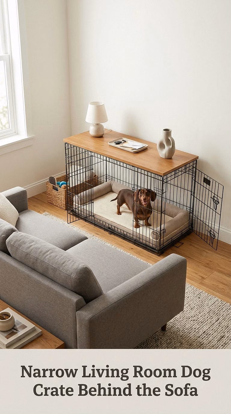 Narrow Living Room Dog Crate Behind the Sofa