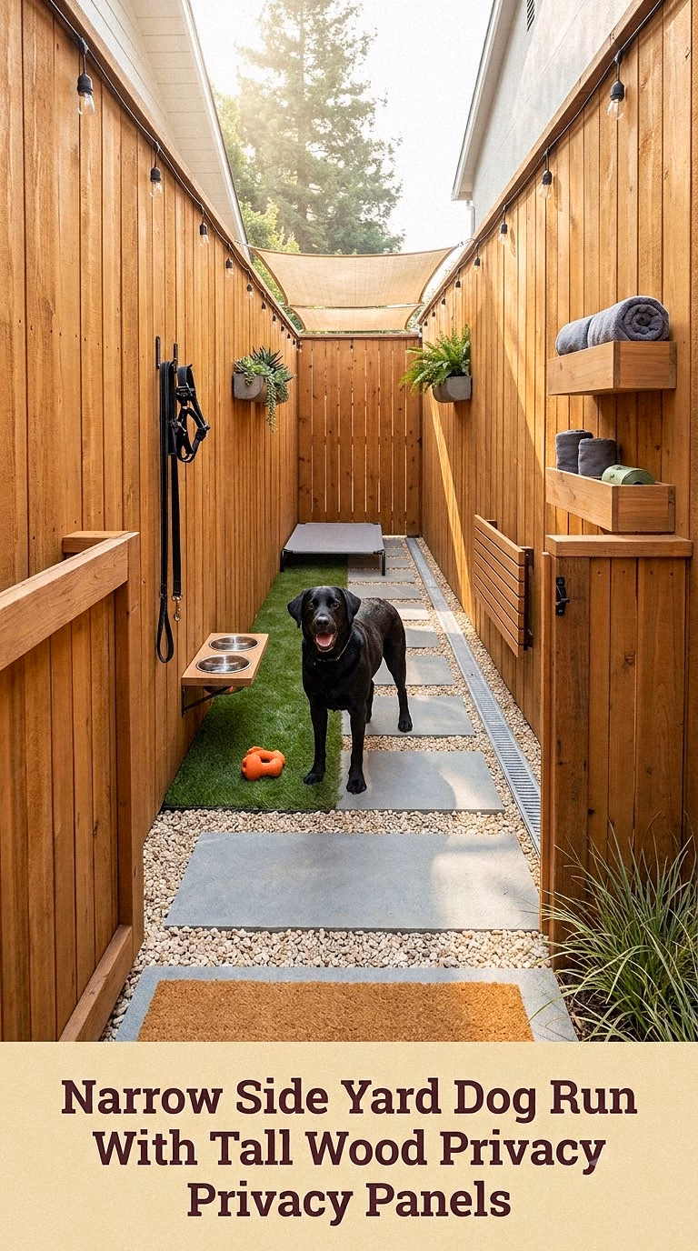 8. Narrow Side Yard Dog Run With Tall Wood Privacy Panels