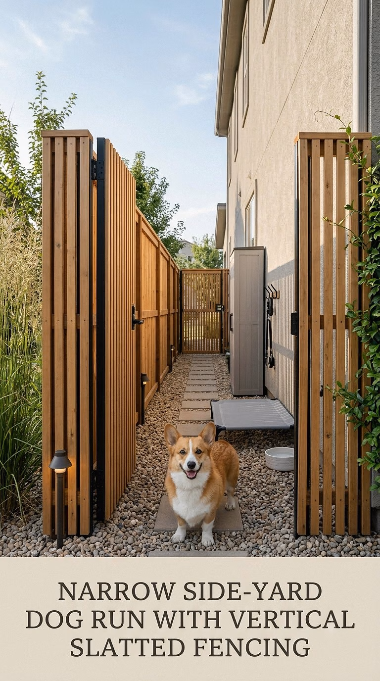 Narrow Side-Yard Dog Run With Vertical Slatted Fencing