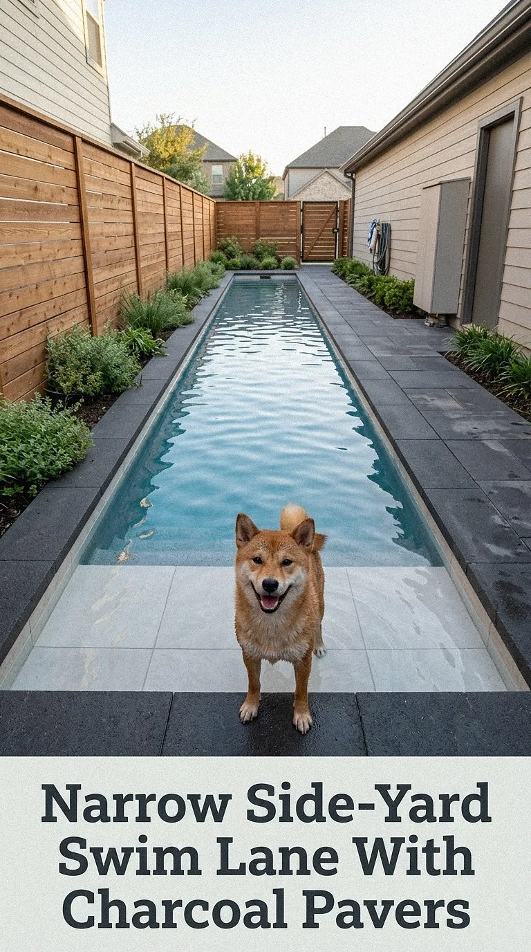 Narrow Side-Yard Swim Lane With Charcoal Pavers