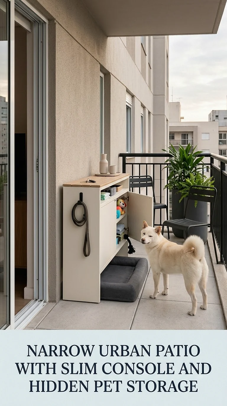 Narrow Urban Patio With Slim Console And Hidden Pet Storage