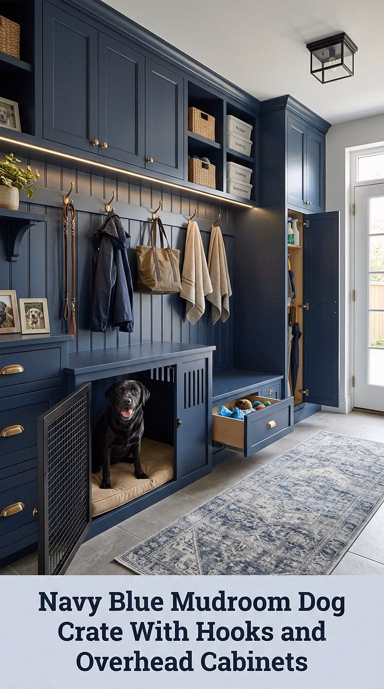 Navy Blue Mudroom Dog Crate With Hooks and Overhead Cabinets