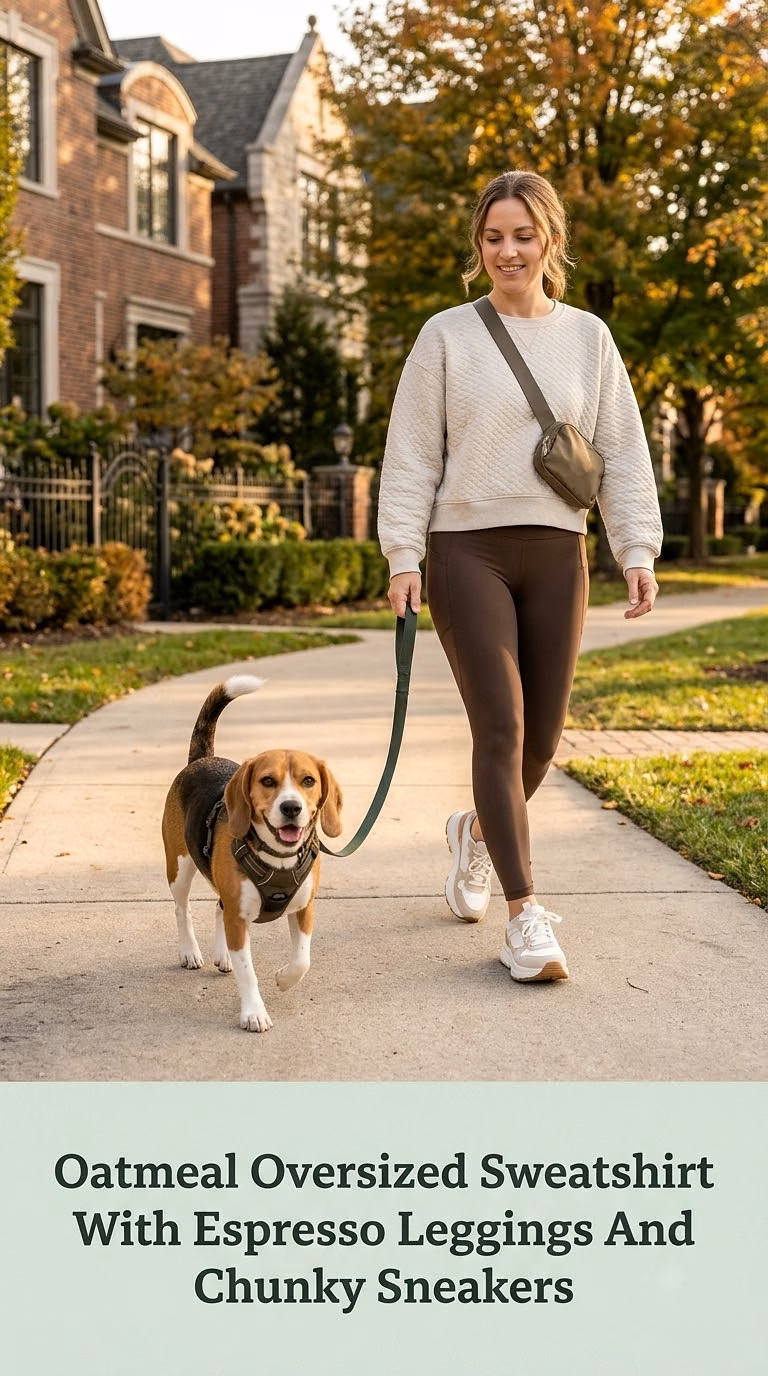 Oatmeal Oversized Sweatshirt With Espresso Leggings And Chunky Sneakers