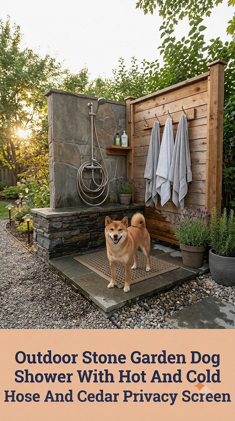 Outdoor Stone Garden Dog Shower With Hot And Cold Hose And Cedar Privacy Screen