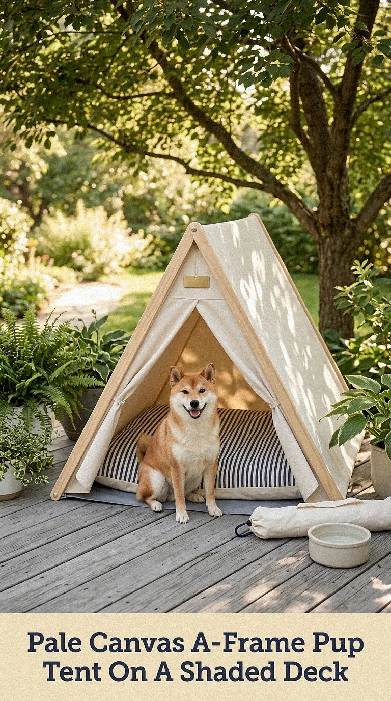 Pale Canvas A-Frame Pup Tent On A Shaded Deck