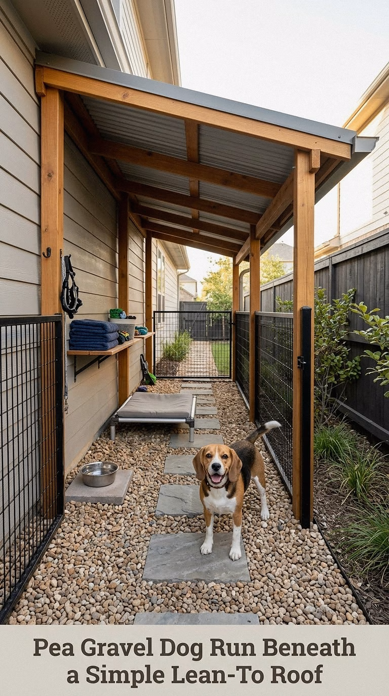 Pea Gravel Dog Run Beneath a Simple Lean-To Roof