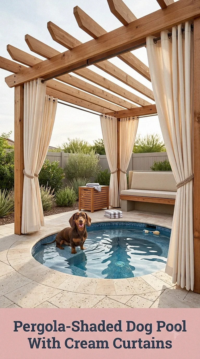Pergola-Shaded Dog Pool With Cream Curtains