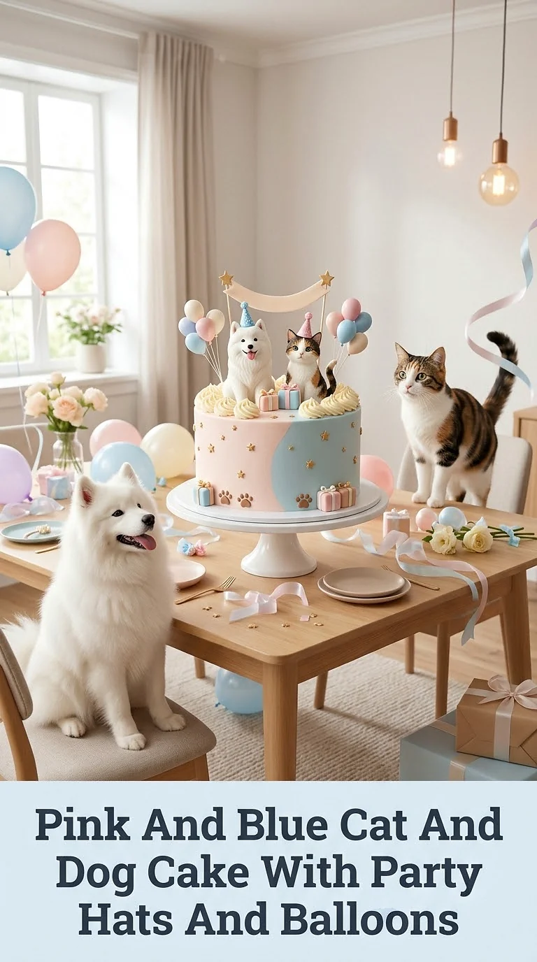 Pink And Blue Cat And Dog Cake With Party Hats And Balloons