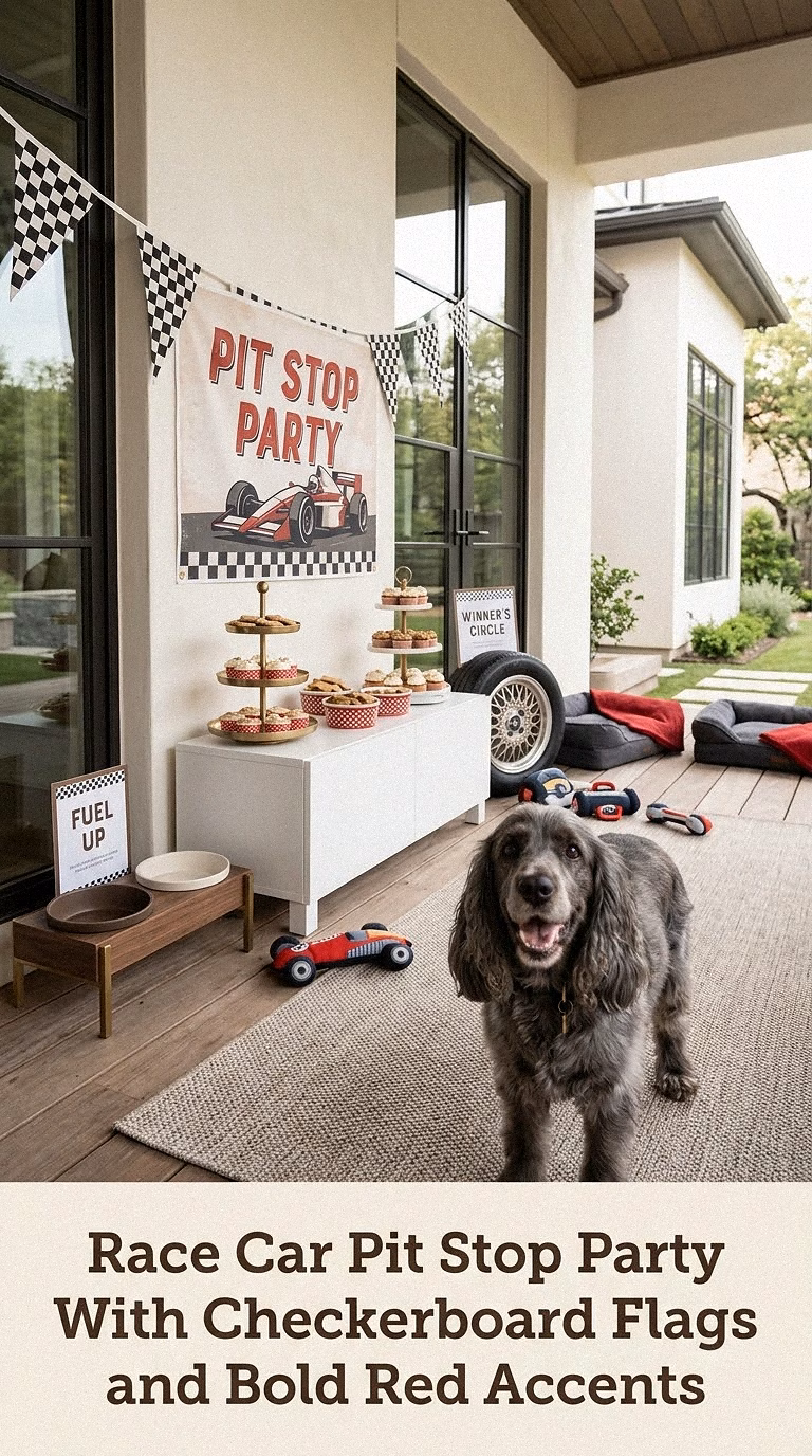 Race Car Pit Stop Party With Checkerboard Flags and Bold Red Accents