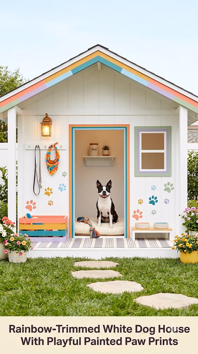 8. Rainbow-Trimmed White Dog House With Playful Painted Paw Prints