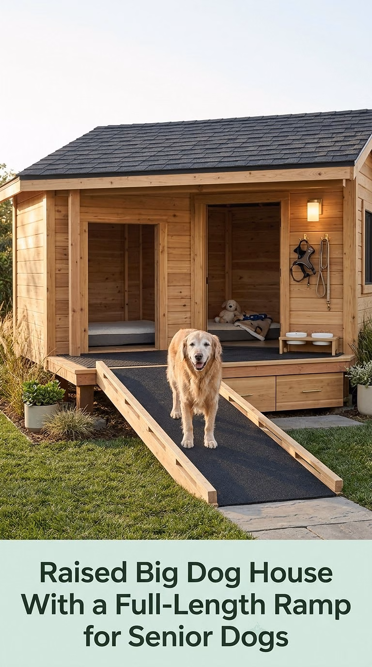 8. Raised Big Dog House With a Full-Length Ramp for Senior Dogs
