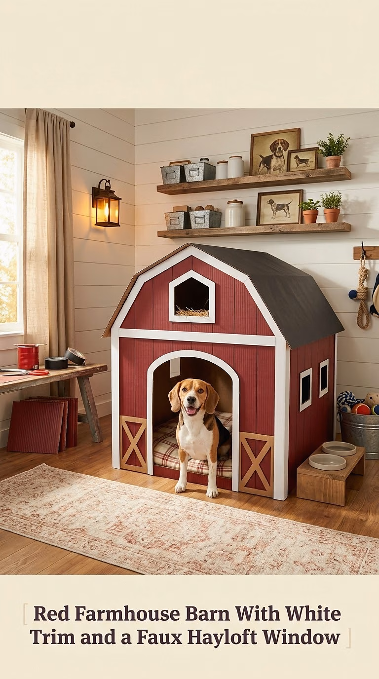 Red Farmhouse Barn With White Trim and a Faux Hayloft Window