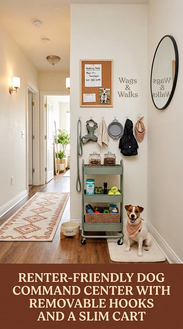 8. Renter-Friendly Dog Command Center With Removable Hooks and a Slim Cart
