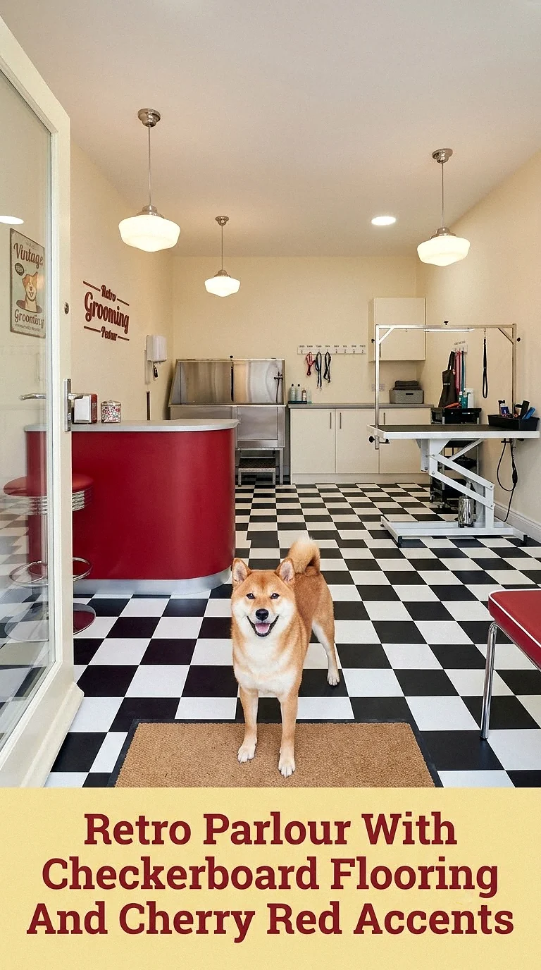 Retro Parlour With Checkerboard Flooring And Cherry Red Accents