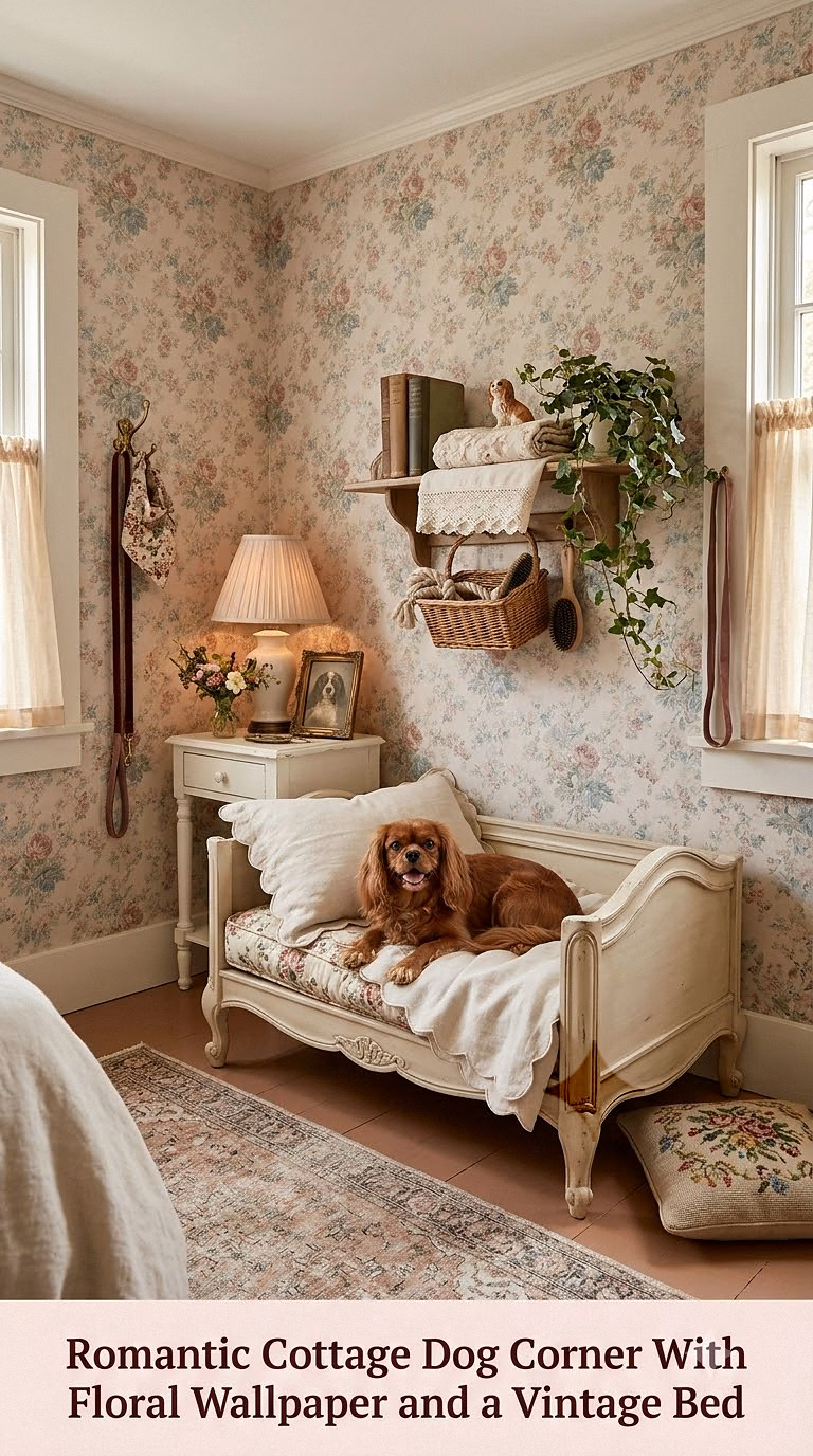 8. Romantic Cottage Dog Corner With Floral Wallpaper and a Vintage Bed