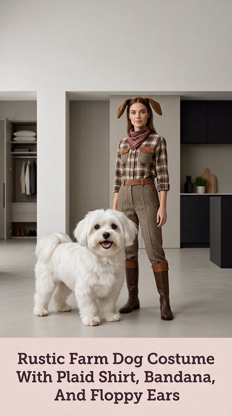 Rustic Farm Dog Costume With Plaid Shirt, Bandana, And Floppy Ears