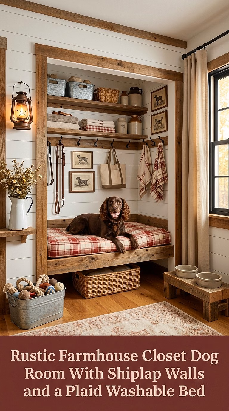 8. Rustic Farmhouse Closet Dog Room With Shiplap Walls and a Plaid Washable Bed