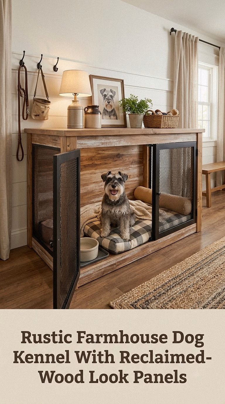 Rustic Farmhouse Dog Kennel With Reclaimed-Wood Look Panels